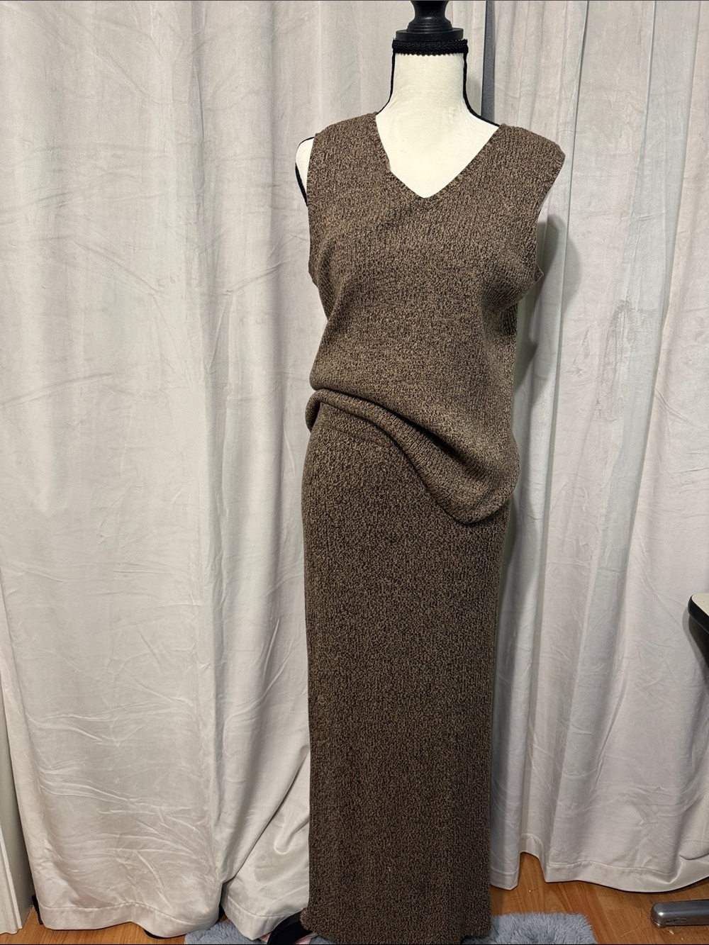 Sleeveless Brown Knit Maxi Skirt Set